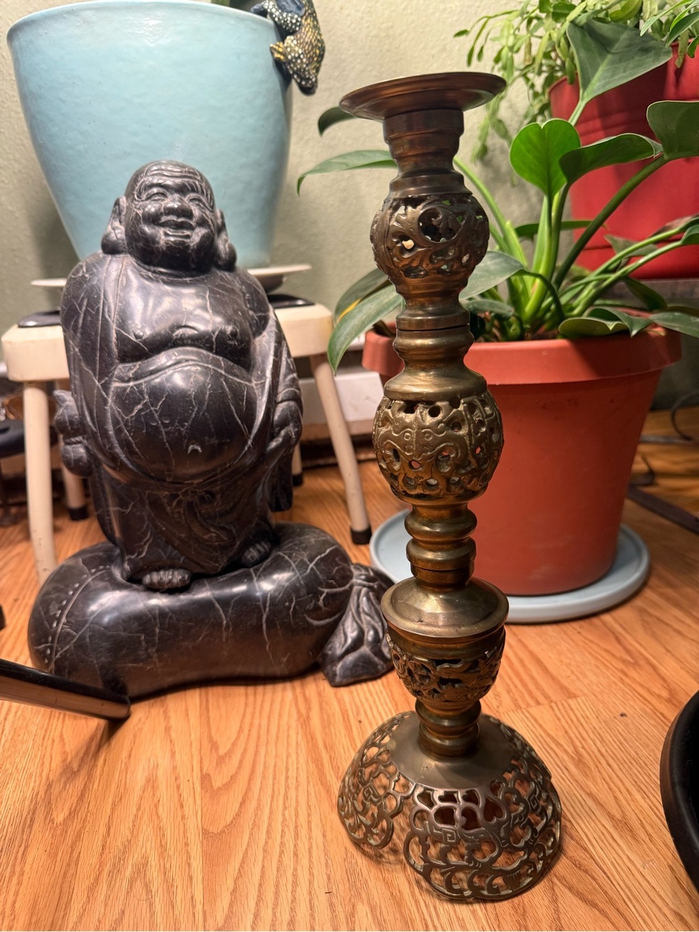 Single Tall Art Nouveau Brass Table Top Candle Holder. Mid Century Statement!